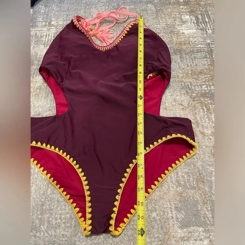 Jessica Simpson Reversible Embroidered Edge Monokini Purple/Deep Red - Picture 12 of 16